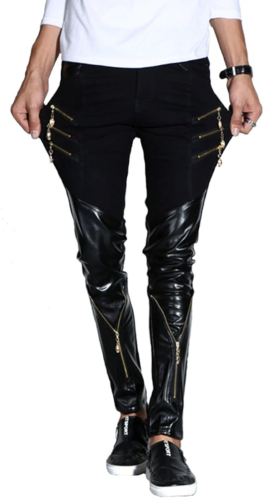 Rock Punk Men's Zippers Patch PU Leather Hip Hop Skinny Motocycle Pants