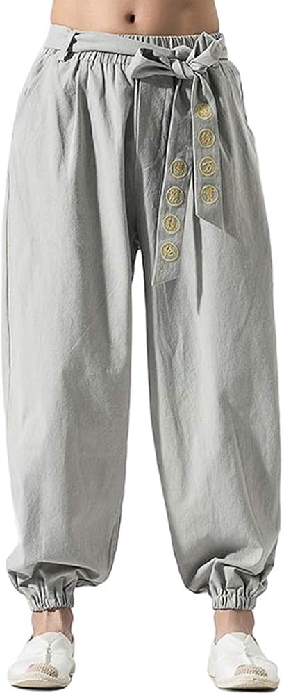 HAORUN Men Chinese Style Kung Fu Pants Tai Chi Loose Trousers Linen Casual Retro Wide Leg Light Grey