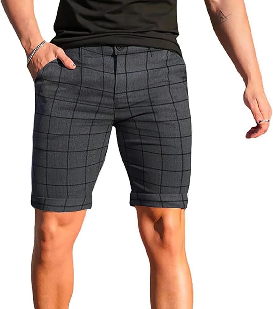 LIBRARY Plaid Chino Shorts for Men Slim Fit Flat Front Dress Shorts Checked Tartan Golf Shorts Casual Classic Fit Shorts