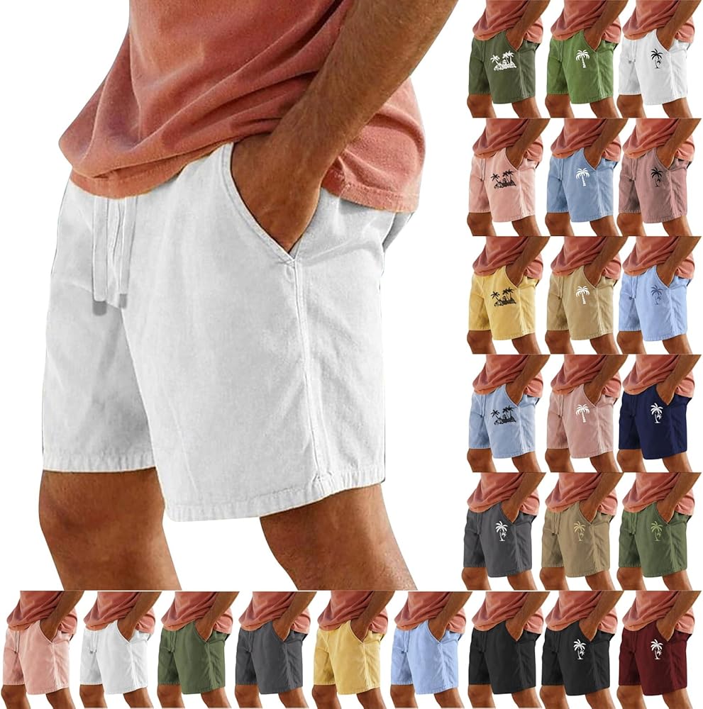 Mens Cotton Linen Shorts Summer Lightweight Casual Beach Shorts Drawstring Breathable Vacation Lounge Shorts