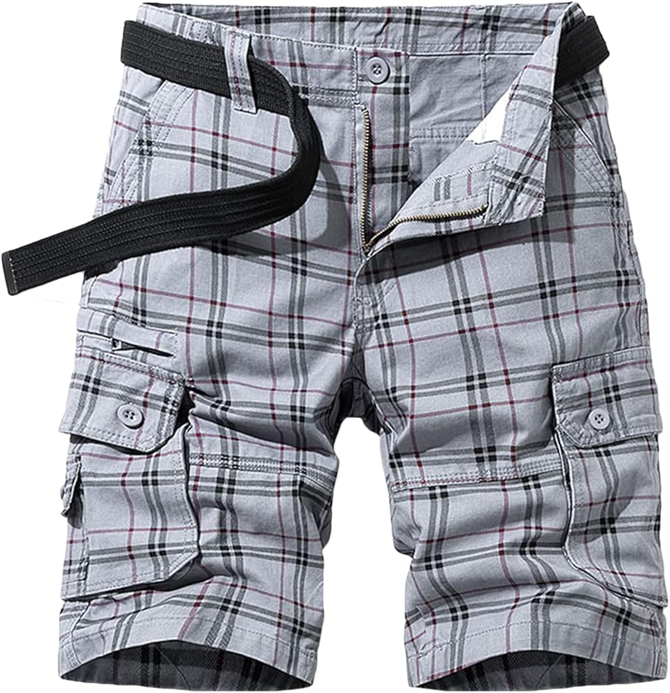 Casual Cargo Plaid Shorts for Men Print Twill Cotton Tactical Work Shorts Stretch Comfor t Summer Outdoor Shorts (Light Grey,36)