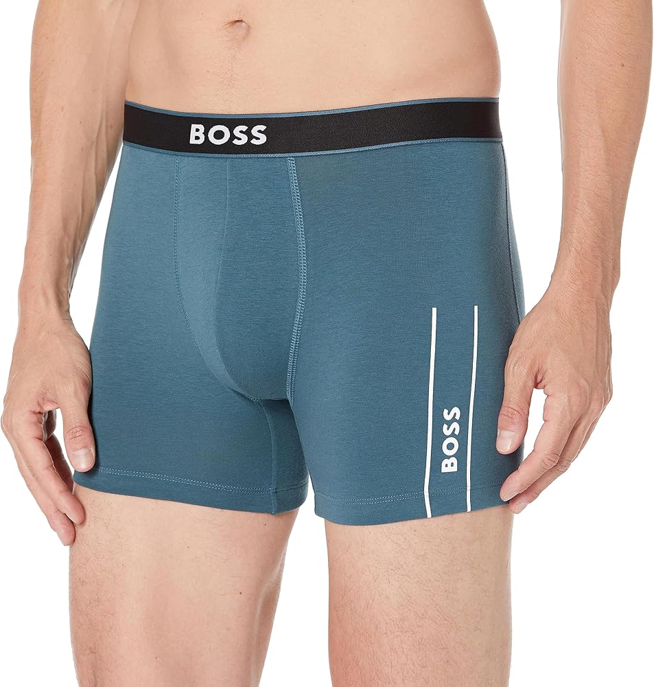 BOSS Men's Side Logo Cotton Stretch Boxer Brief, Cyan, S