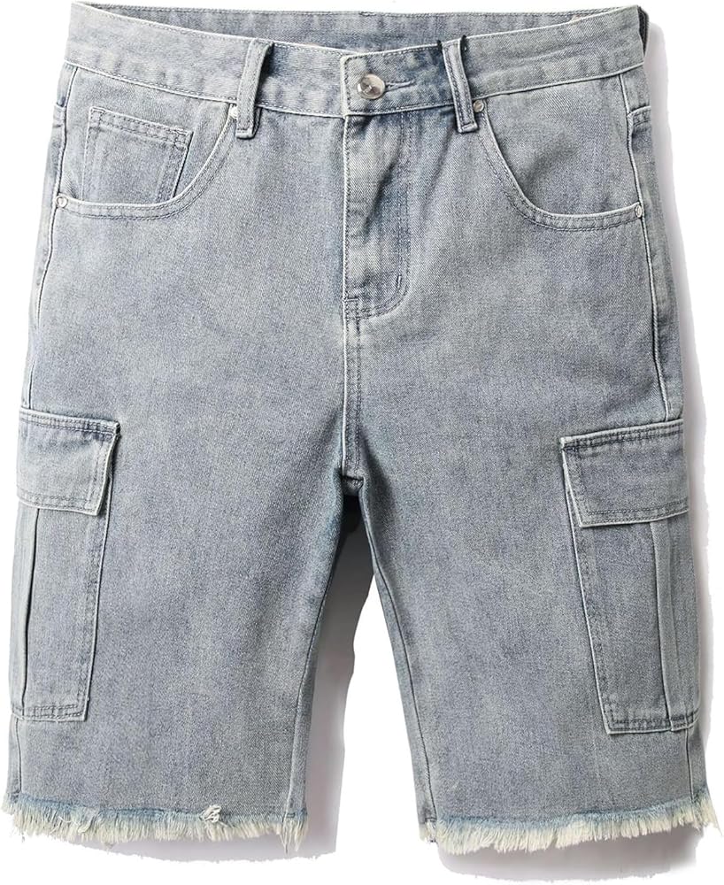 Men Shorts Classic Fit Knee Length Denim Short Pants Summer Ripped Fashion Distressed Washed Jeans Cargo Shorts with Pockets