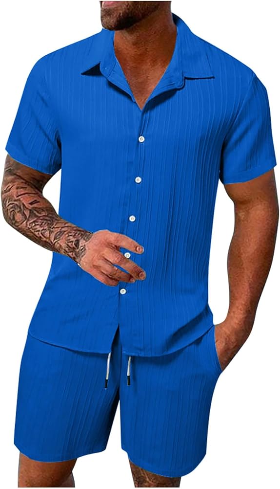 Man Lace Linen Shirts Sets Match Top Tshirts Shorts Sets for Mens 2 Piece Summer Fall Shirts Sets 2024