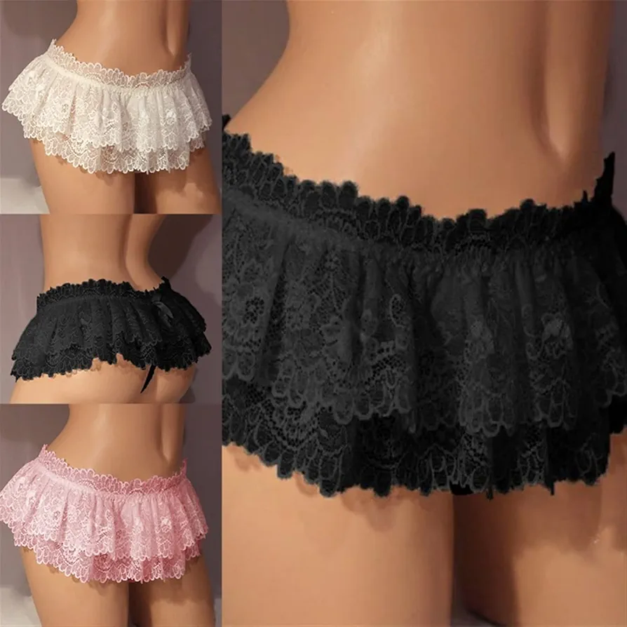 Men's Panties Sissy Cross Dressing Underwear Sexy Soft Ruffled Skirt Sissy Lace (Color : Black, Size : M) Medium