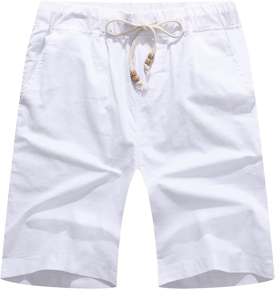 Yuanyi Men's Linen Casual Classic Fit Short Summer Beach Shorts with Elastic Waist and Pockets