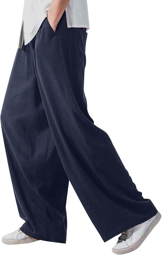 Wide Leg Pants for Men Plus Size Pleated Drawstring Casual Palazzo Pants Elastic Waist Baggy Solid Color Trousers with Pocket