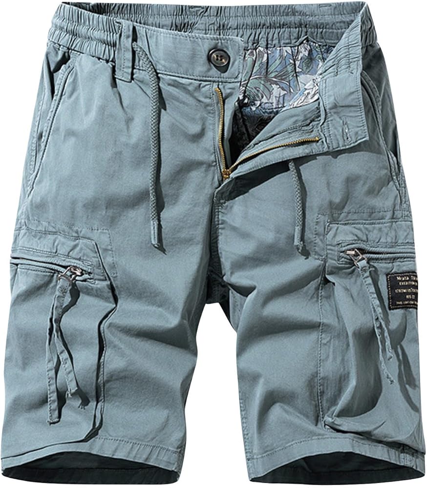 Men's Cargo Shorts Button Up Closure Elastic Waist Shorts Classic Relaxed Fit Cargo Short Multi-Pocket Outdoor Shorts