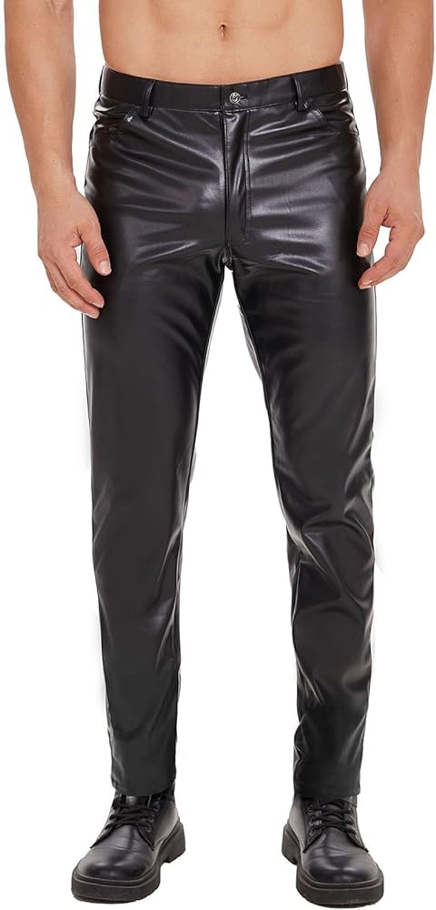 Mens Shiny Leather Pants, Soft Matte Leather, Sexy Zipper Open Crotch Casual Trousers