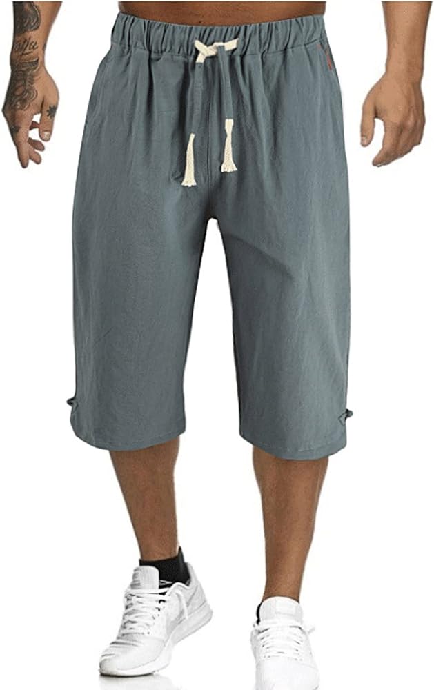 Men Casual Short Pants Cargo Shorts Plus Size Drawstring Waist Solid Cotton Linen Seven Points Pants