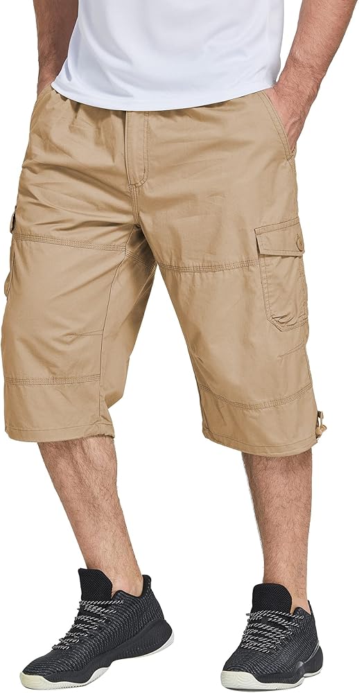 Men's Casual Elastic Cargo Shorts Relaxed Fit Below Knee 3/4 Long Shorts with Multi-Pockets