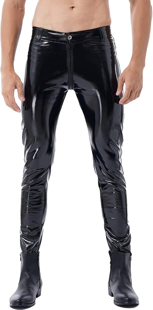 CHICTRY Men's PVC Leather Metallic Skinny Long Pants Straight Leg Trousers Night Club