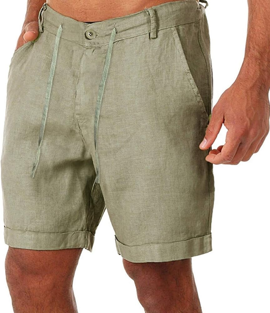 Mens Casual Linen Shorts Summer Beach Shorts 11 Inch Inseam Loose Fit Elastic Waist Pants with Drawstring and Button Green, X-Large