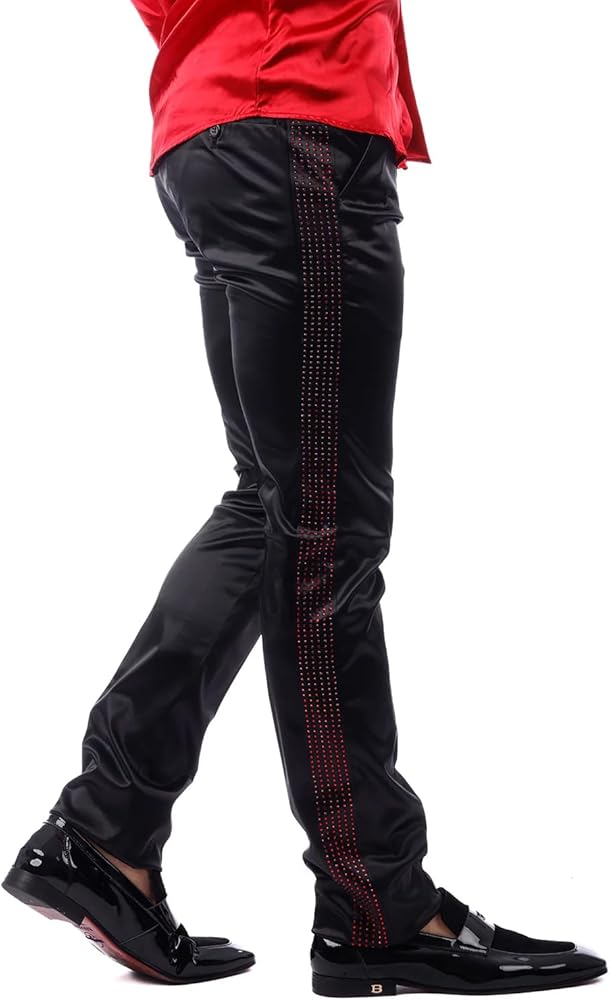 Barabas Men's Rhinestone Shinny Chino Dress Black Red Pants 1815