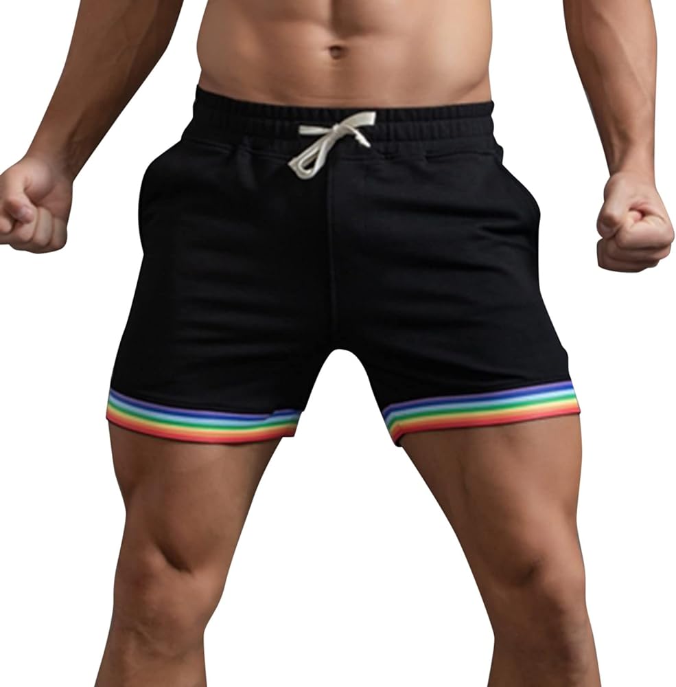 Rainbow Shorts Men Casual Elastic Waist Pride Short Pants Outdoor Workout Jogger Drawstring Pockets Flat Front Sweatpants