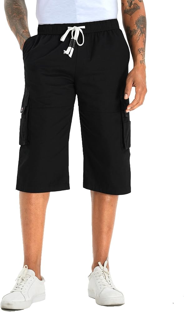 APTRO Men's Long Cargo Shorts 14" Elastic Waistband Casual Cotton Shorts Work Shorts Mid Calf Shorts