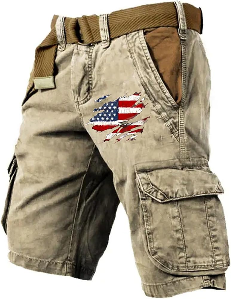 Cargo Shorts for Men American Flag Shorts Golf Hiking Shorts with Multi-Pockets Vintage Carpenter Shorts for Men