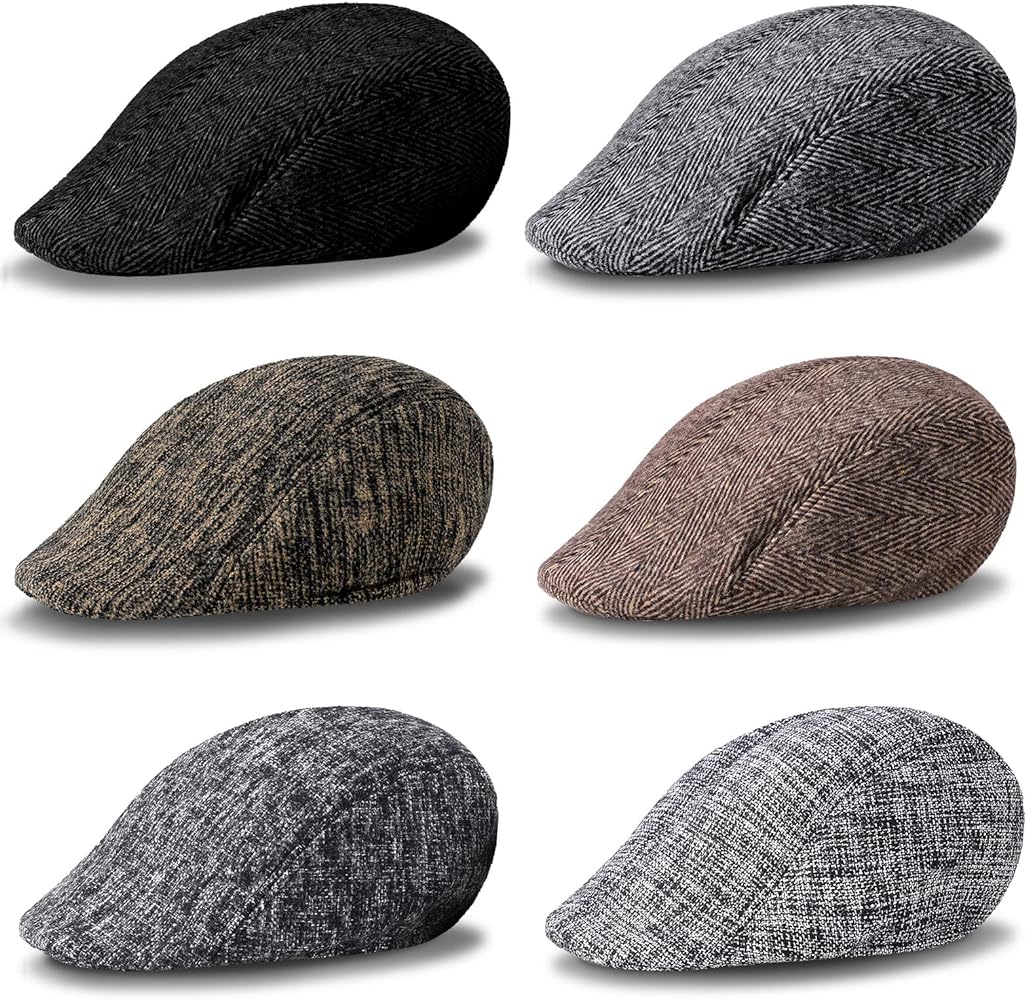 Newcotte 6 Pieces Newsboy Hats for Men Classic Herringbone Tweed Flat Cap Newsboy Cap Irish Hats for Men Hat Cabbie Cap