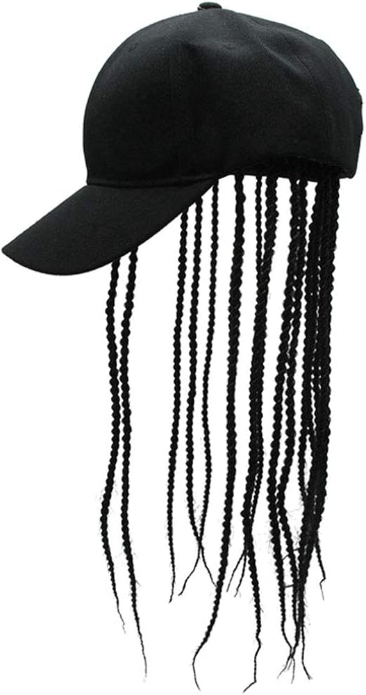 Mens Wig Peaked Adjustable Baseball Hat with Long Black Braids