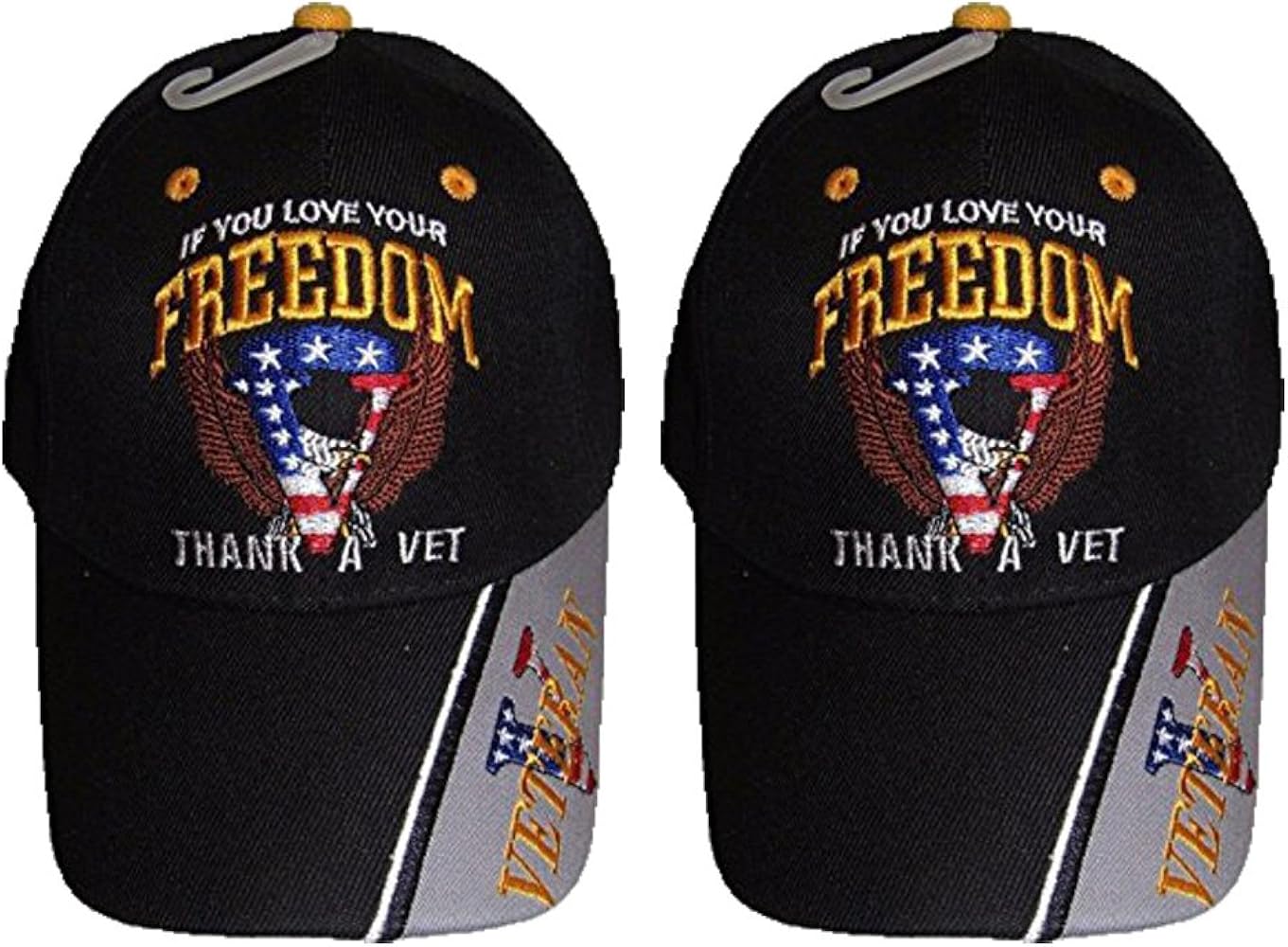 If You Love Your Freedom Thank A Vet Veteran Black Embroidered Ball Cap Hat (2 Hats)