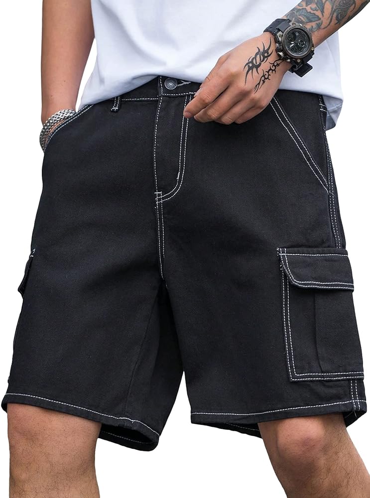 WDIRARA Men's High Waist Button Bermuda Cargo Denim Shorts with Pockets