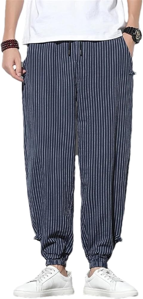 Seasons Men Disc Buckle Striped Harem Pants Breathable Cotton Linen Pants Buckle Casual Bloomers Trousers