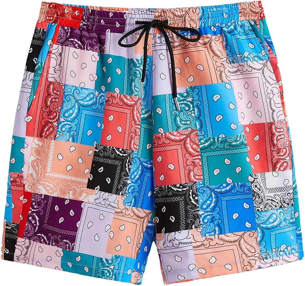 SOLY HUX Men's Cartoon Print Elastic High Waisted Casual Summer Shorts Paisley Print Multicoloured L