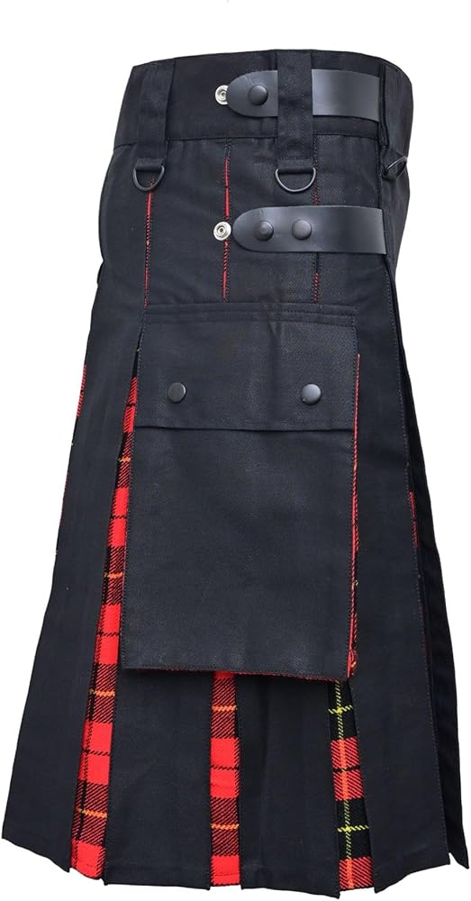 Modern Utility Kilts-Men's Plus Size Scottish Hybrid Black Cotton & Acrylic Wool Tartan Utility Kilts with Leather Straps