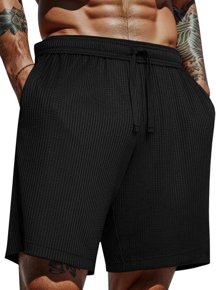 PASLTER Mens Casual Athletic Shorts 7 Inch Inseam Waffle Knit Elastic Waist Drawstring Workout Sweat Shorts