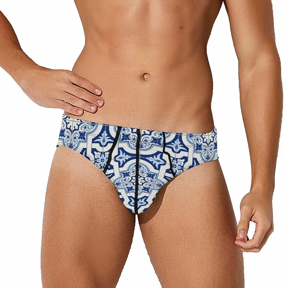 Arabesque Gorgeous White Blue Men's Underwear Briefs Breathable Underpants with Stretch Waistband