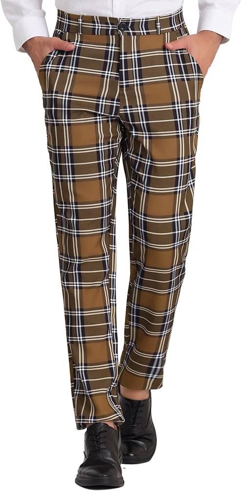 Lars Amadeus Men's Plaid Slacks Regular Fit Flat Front Work Prom Checked Dress Pants