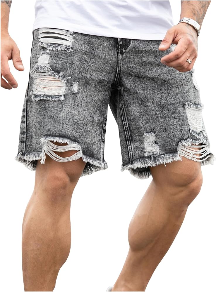 Verdusa Men's Ripped Distressed Raw Hem Straight Leg Denim Shorts