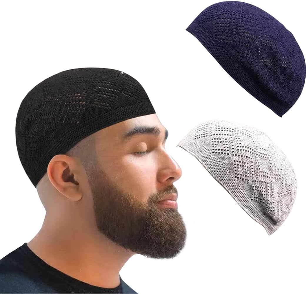 3Pcs Knitting Turkish Muslim Kufi Hats for Men Solid Color Stretch Crochet Caps Islamic Skull Caps Ramadan Eid Gifts(Black Gray Blue)