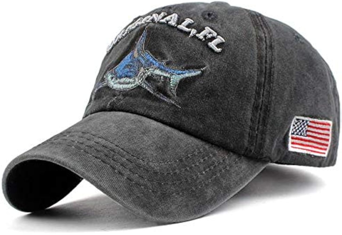 Men's Original FL Shark Hat Embroidered Florida Vintage Denim American USA Flag Baseball Cap