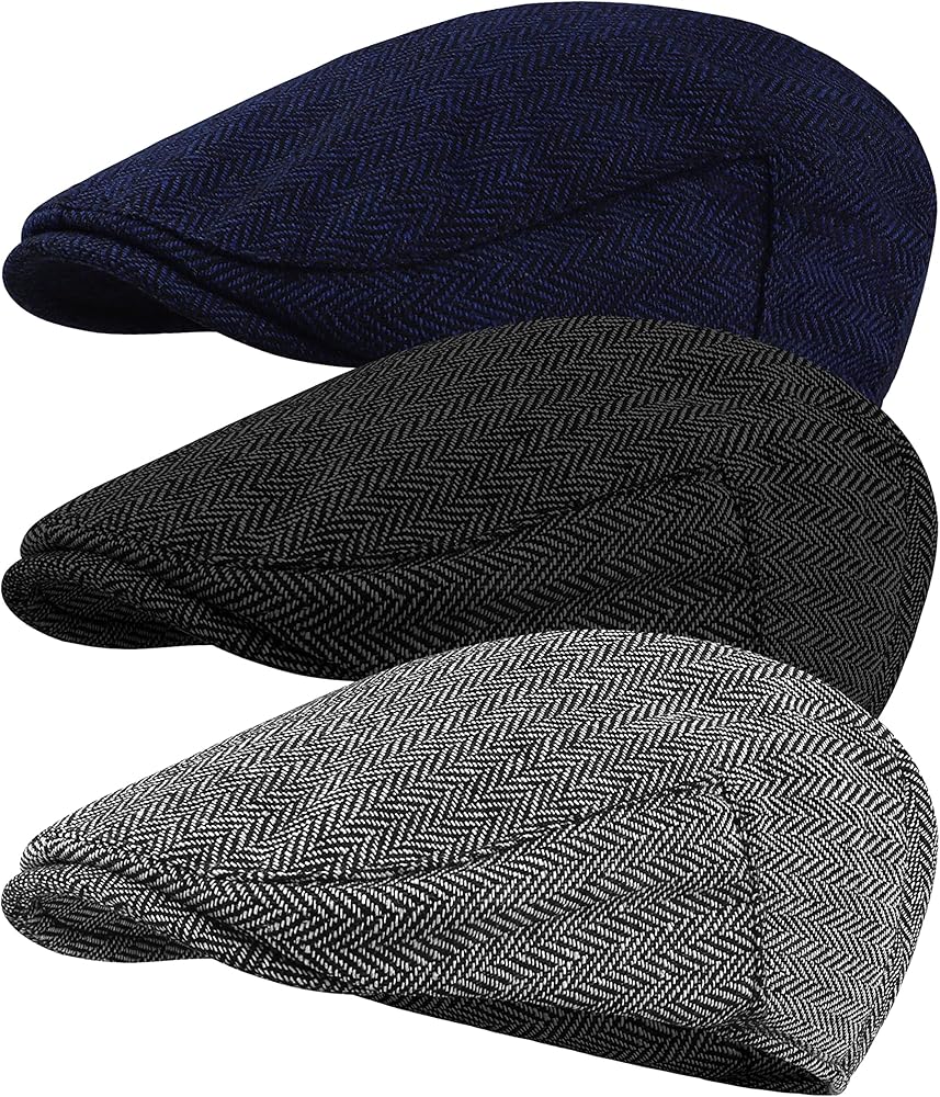 3 Pieces Men's Herringbone Flat Newsboy Hat Tweed Newsboy Cap Cabbie Driving Hunting Cap for Men Outdoor Daily Use