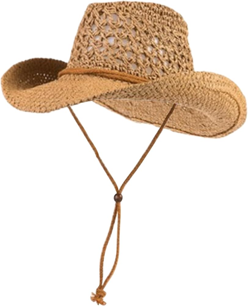 Straw Cowboy Hat, Wide Brim Hollow Straw Hats for Men Breathable Beach Hat with Chin Strap UV Protection Casual Sun Hat Khaki