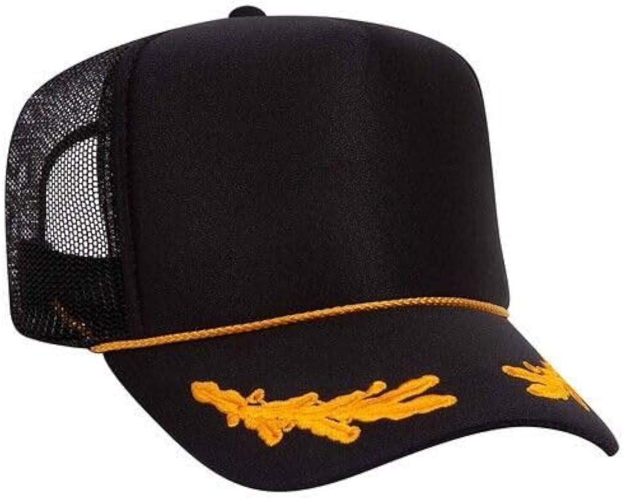 Otto Black 5 Panel Black Gold Captian Wings Mesh Trucker Hat Adult Size Unisex