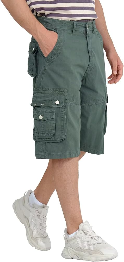 BEST SOUTH Men's Capri Long Twill Cargo Shorts Below Knee 13 Inches Cotton Relaxed Fit Casual Multi-Pocket Light Green 36