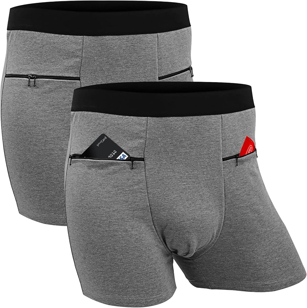 Men's Boxer Briefs Secret Hidden Pocket, Travel Underwear with Secret Front Stash Pocket Panties (Gray) - 2 Packs