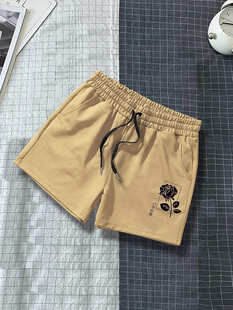 Men's Shorts Men Rose Print Drawstring Waist Shorts Shorts for menMIELEU (Color : Khaki, Size : Medium)