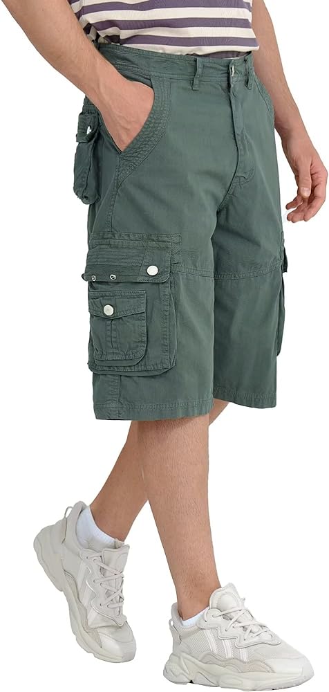 BEST SOUTH Men's Capri Long Twill Cargo Shorts Below Knee 13 Inches Cotton Relaxed Fit Casual Multi-Pocket Light Green 30