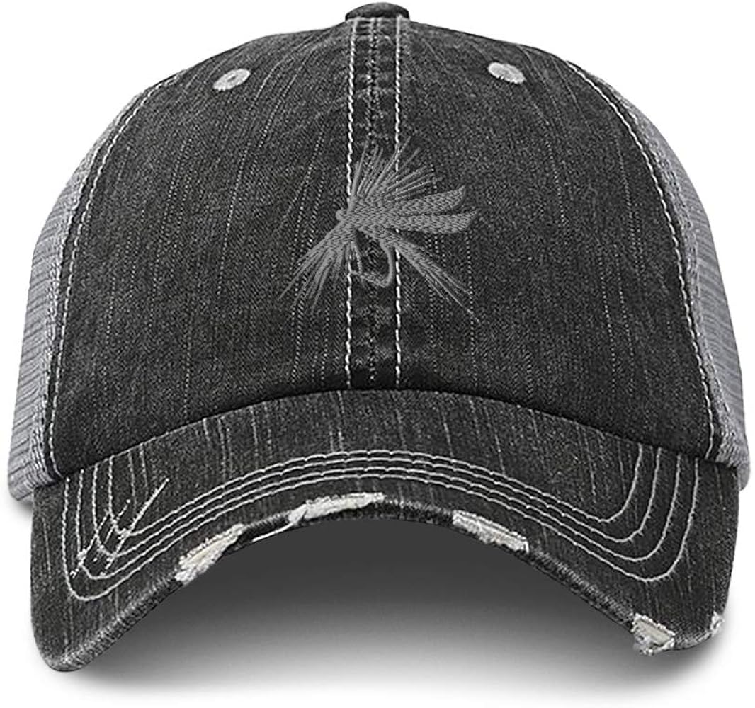 Custom Distressed Trucker Hat Silver Fly Fishing Embroidery for Men & Women