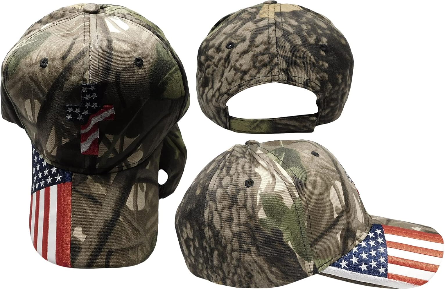 Christian Cross American USA Flag On Bill Real Tree Camouflage Camo 100% Acrylic Adjustable Embroidered Cap Hat