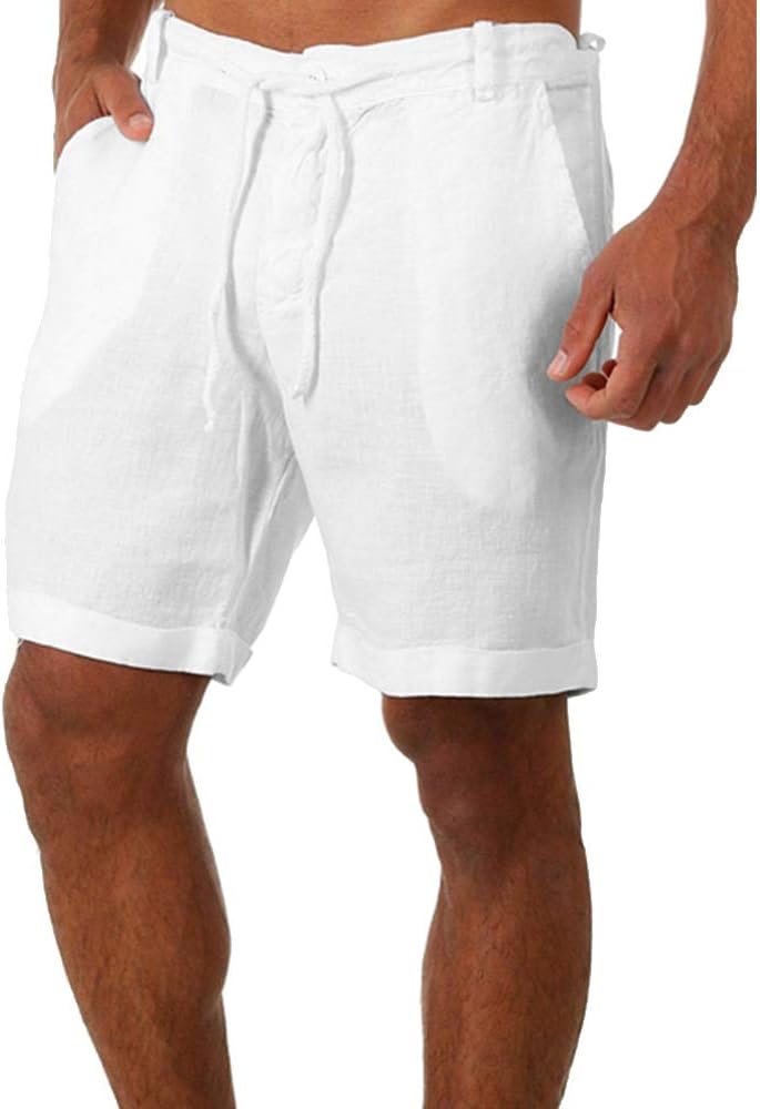 Men's Linen Casual Classic Short Elastic Waist Summer Beach Lightweight Board Slim-Fit with Pockets