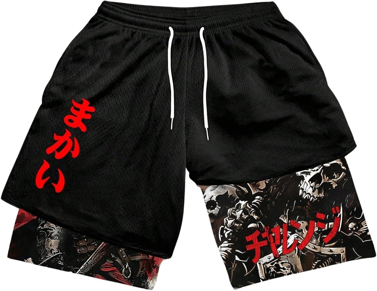 GORGLITTER Men's Graphic Print 2 in 1 Shorts Japanese Letter Drawstring Elastic High Waist Casual Shorts