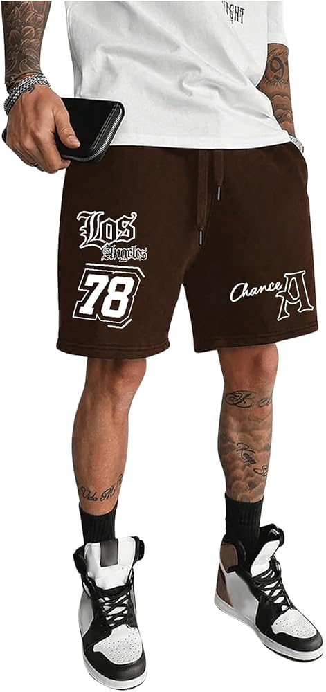 GORGLITTER Men's Letter Graphic Shorts Gym Workout Shorts with Pockets