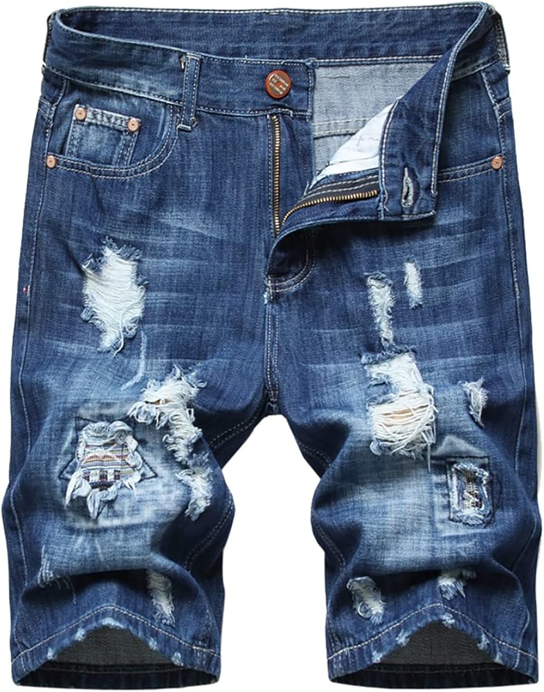 Mens Shorts Casual Ripped Distressed Denim Slim Fit Jean Shorts Summer Fashion Knee Length Short Jeans with Pockets