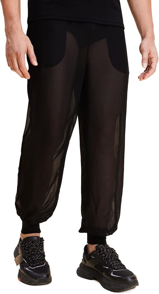 WDIRARA Men's See Through Mesh Loose Pants Sheer Joggers with Pocket Party Club Pants