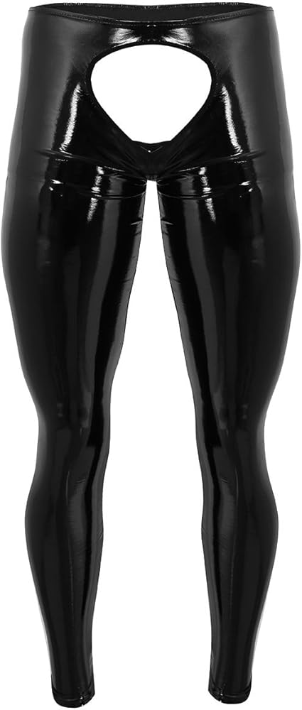 iiniim Men's Shiny Wet Look PVC Leather Open Back Open Pouch Muscle Tight Pants Leggings Trousers