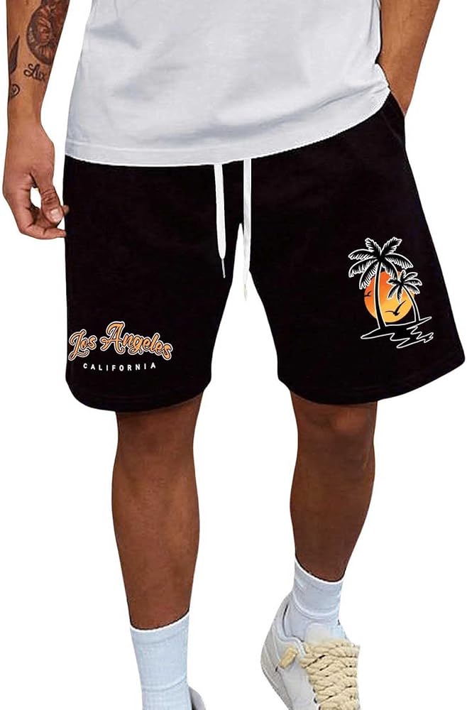 Men's Tropical Pattern Beach Shorts Drawstring High Waist Straight Leg Track Shorts with Pocket Casual Streetwear